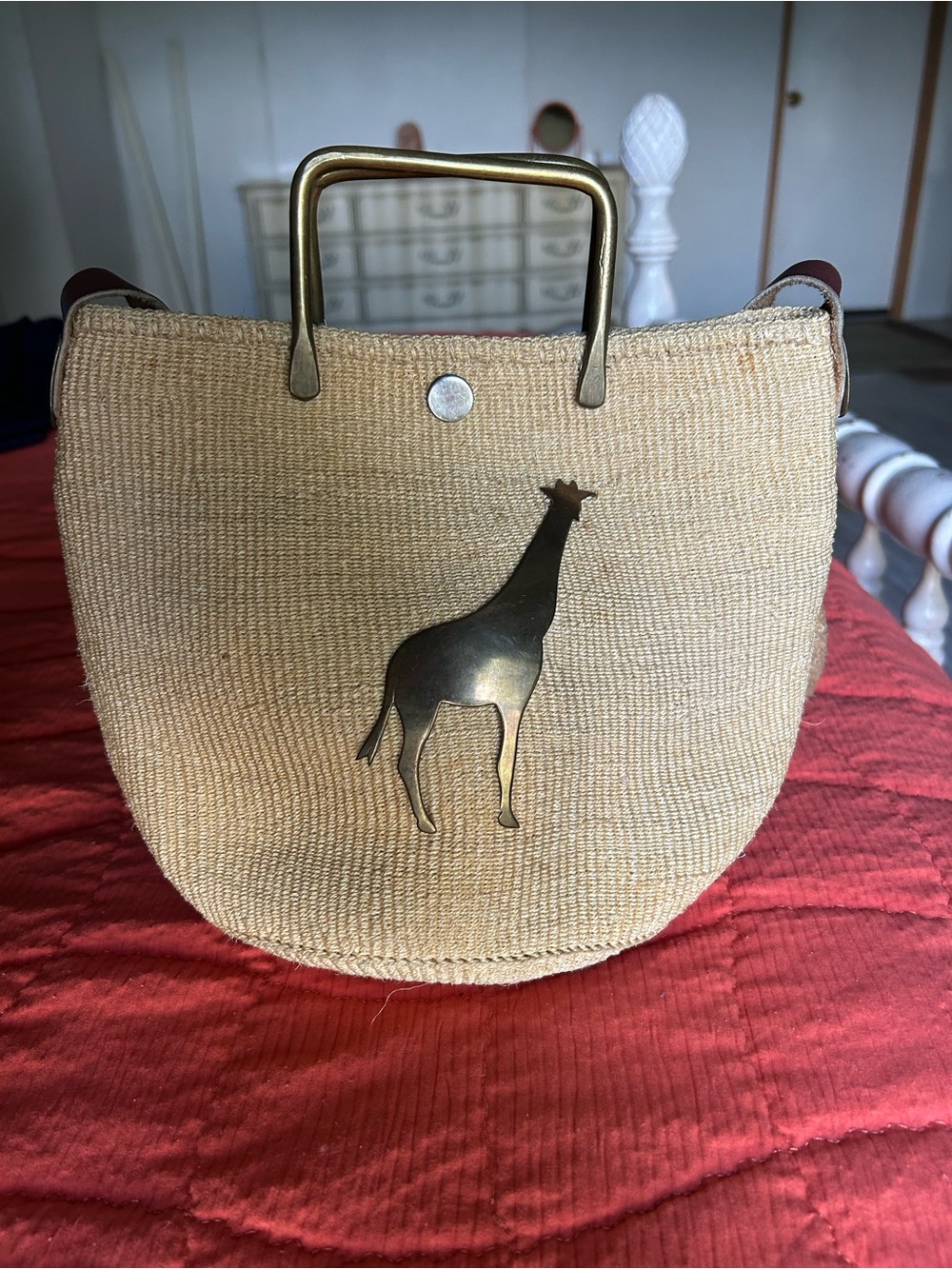 Woven Straw Crossbody Bag with Brass Giraffe Accent - Natural